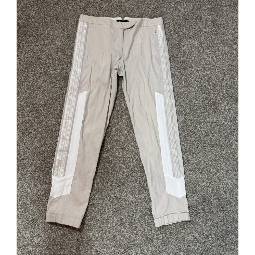 Elie Tahari Beige Linen Blend Side Stripe Ankle Pants Womens US 4 Slim Trousers